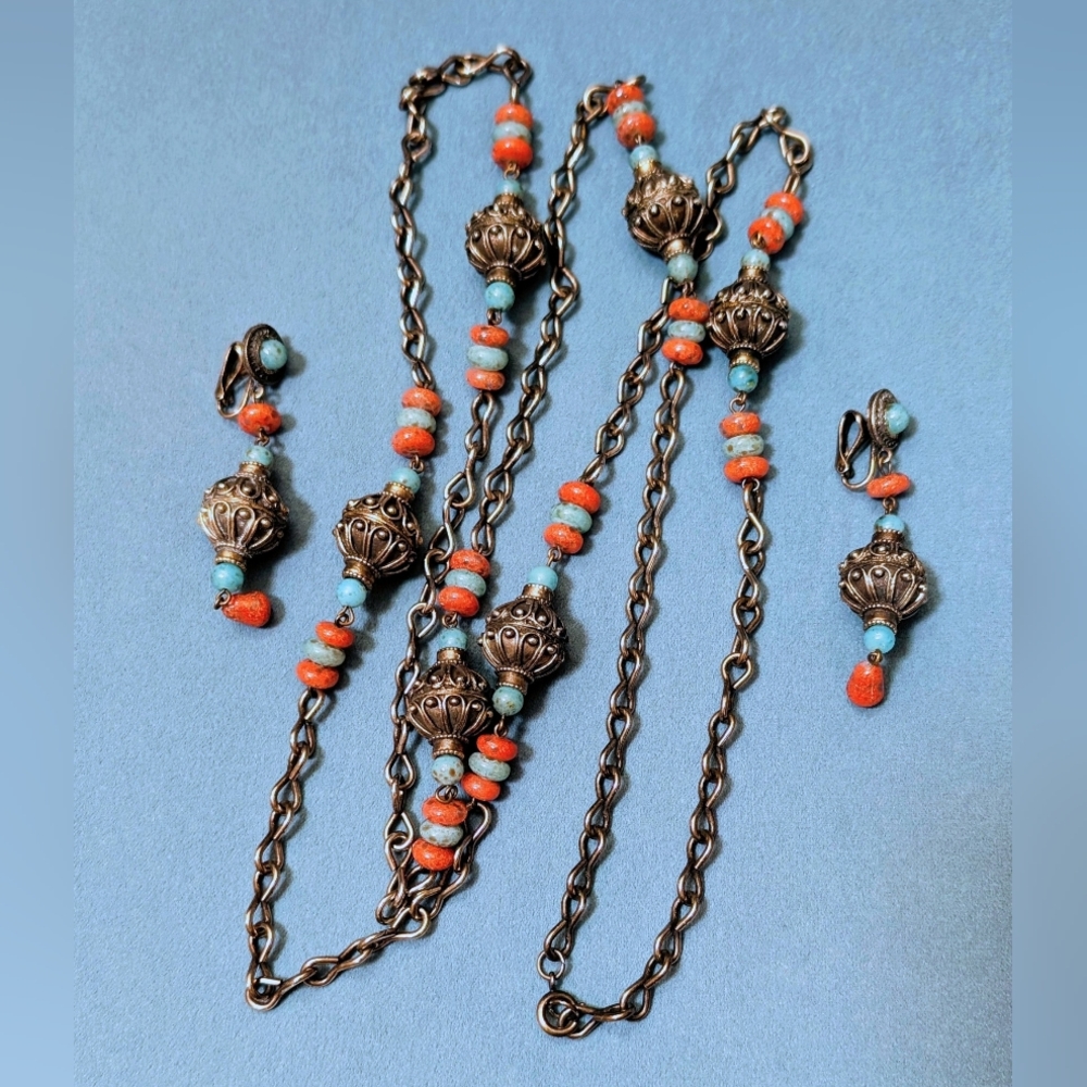 Vintage Brass, Coral And Turquoise Boho Necklace And Earrings Set -Fabulous!